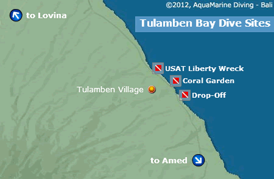 Map of Bali's Tulamben Bay Dive Sites.